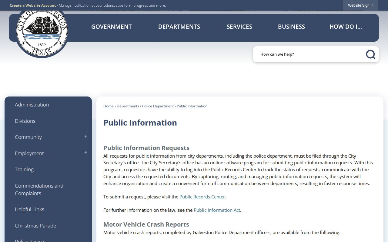 Galveston Police Department public-information archive for Galveston arrest records